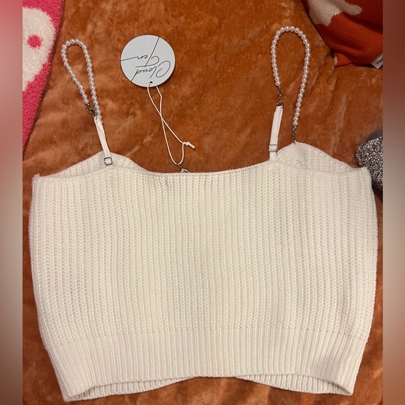 White Knit Crop Top | Pearl Straps | Pearl heart buttons | White Pearl Tank - Picture 4 of 4